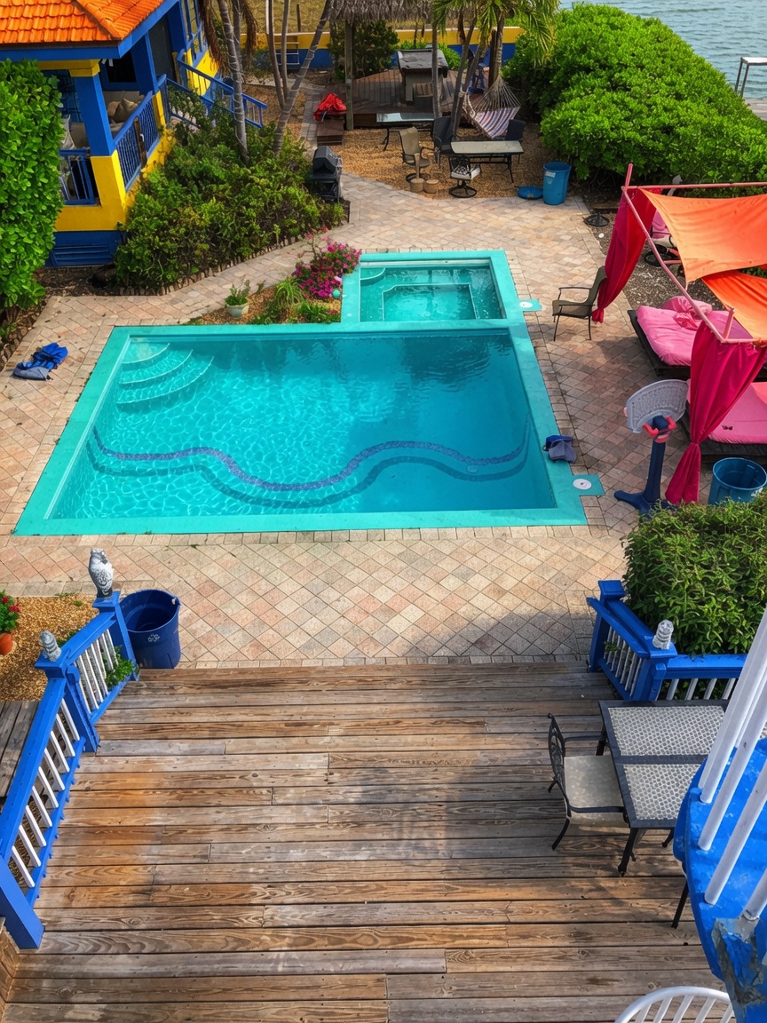 Aerial view of pool, jacuzzi and waterfront deck