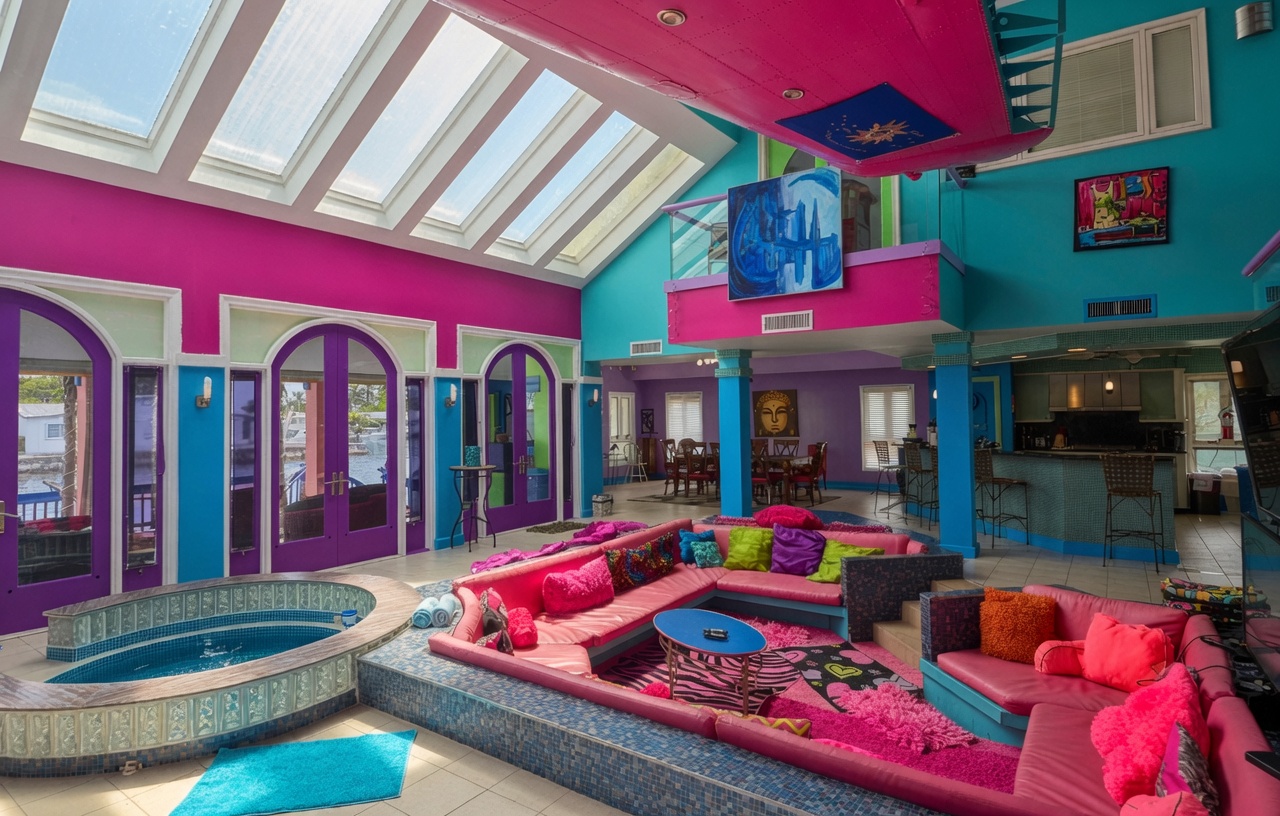 Great room with sunken pink sectional, indoor jacuzzi and skylights