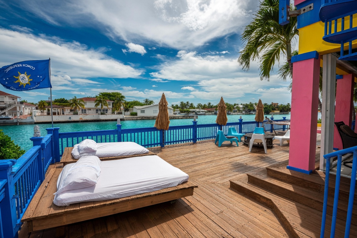 Waterfront deck with day beds and Conch Republic flag