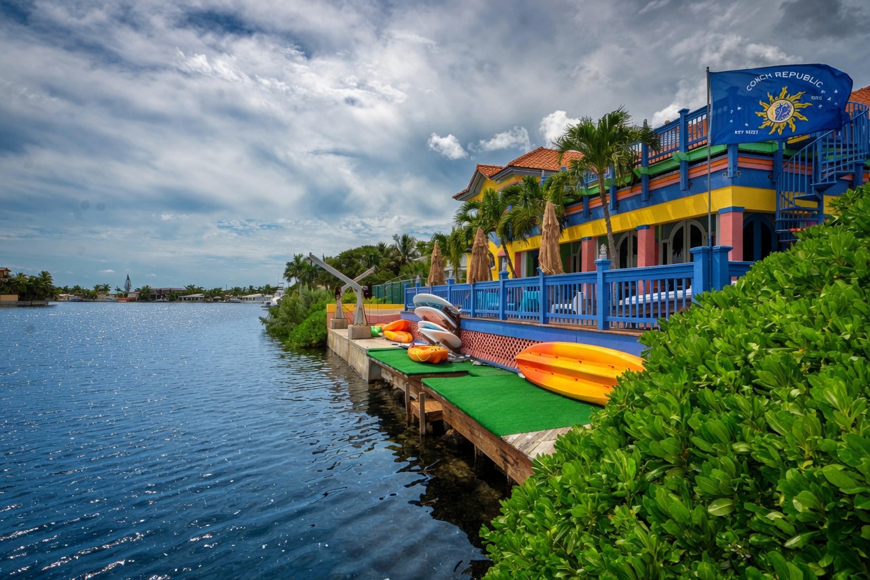 Waterfront view of the colorful MTV house with kayaks